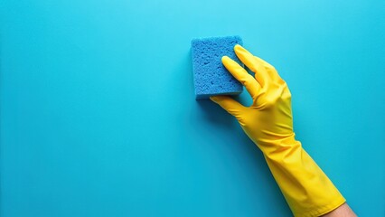 Blue sponge, yellow glove, food photography shot.
