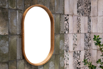 Wooden framed mirror with botanical patterned ceramic wall tiles