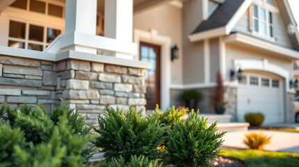 Fototapeta premium Luxury Home Exterior: Modern Architecture and Landscaping Design. Discover the beauty of this stunning residence, showcasing elegant stonework and lush green landscaping.