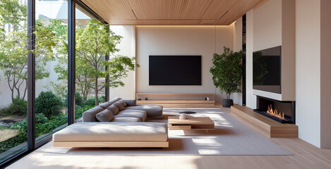 Obraz premium A modern and minimalist living room with a large window overlooking a garden, a comfortable sofa, a fireplace, and a TV.