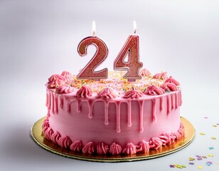 Decorated pink cake for birthday or anniversary party, candle number 24, white background