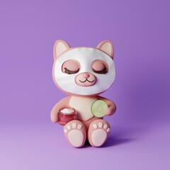 Cute kitty having cosmetic procedures, with cream in paws and cucumber slice. Pet doing procedure in spa salon. 3D rendering isolated on purple background.