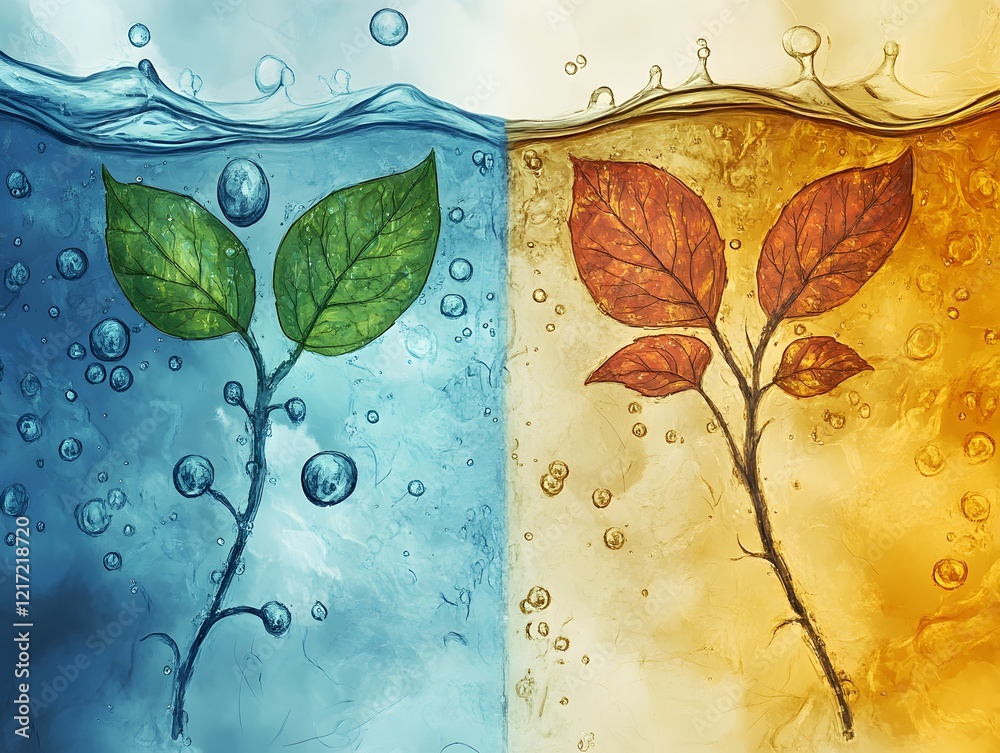 Poster duality of nature: a stunning visualization of green and red leaves beneath water, capturing the con