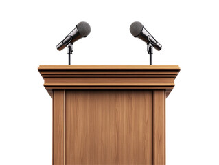 Isolated wooden podium with two microphones