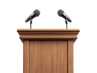 Isolated wooden podium with two microphones