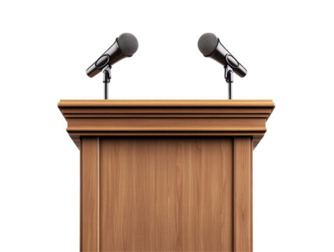Isolated wooden podium with two microphones