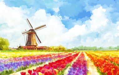 Colorful tulip fields stretch across the landscape, showcasing vibrant hues of red, yellow, and purple. A traditional windmill stands nearby, set against a clear blue sky