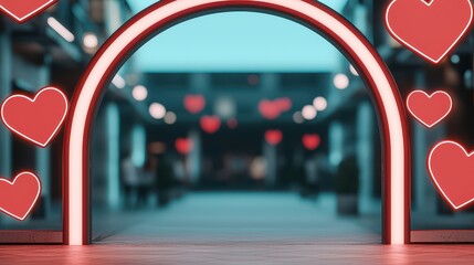 Fototapeta premium Archway Valentine Concept, Futuristic Archway with Glowing Holographic Hearts in a Modern Urban Environment