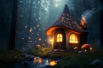 Fototapeta premium A magical woodland cottage glowing warmly from within, surrounded by soft, colorful mushrooms, a gentle stream, and glowing fireflies creating a fantastical cozy atmosphere