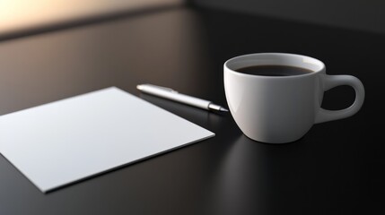 Coffee, pen, paper on desk, office background