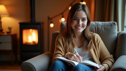Soft quiet hum of nearby heater keeping nook warm and inviting during cooler days Smiling Caucasian woman journaling in a cozy nook