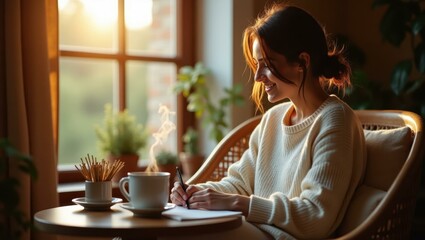 Steaming mug of herbal teresting on small side table its aromsoftly filling nook Smiling Caucasian woman journaling in a cozy nook