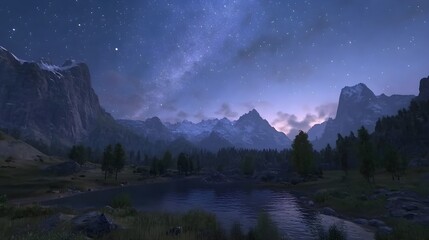 Serene Night Sky with Shimmering Stars Above Majestic Mountains