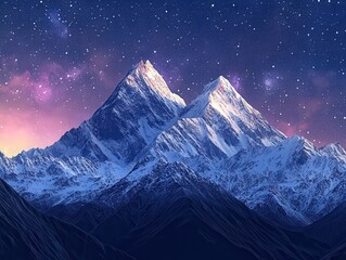 Majestic twin peaks rise against a starry night sky, surrounded by rugged mountains, with a soft glow illuminating the landscape, creating a serene and breathtaking natural scene
