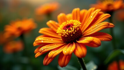 Obraz premium Close-up of an orange flower with dew drops in sunlight 