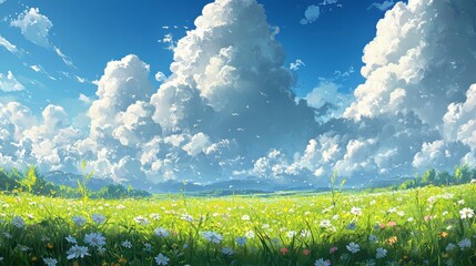 Fototapeta premium Panoramic View of Lush Green Grass Nature Landscape Under Clear Sky Vibrant Environment Expansive Viewpoint