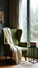 Cozy reading nook with a green armchair draped in a cream-colored throw blanket, next to a window overlooking a lush forest. Books rest on a side table.