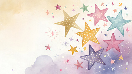 Watercolor star background with colorful stars scattered across a soft, muted canvas, conveying the message of hope and inspiration for childhood cancer warriors with copy space.