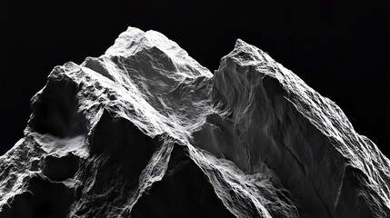 Monochromatic close-up of rugged rock formation against a black background, showcasing texture and shadows, ideal for abstract, geology, or nature themes 