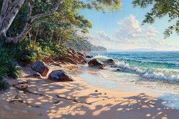 A serene coastal scene with smooth rocks and gentle waves, illuminated by soft morning light, surrounded by lush greenery and a clear blue sky