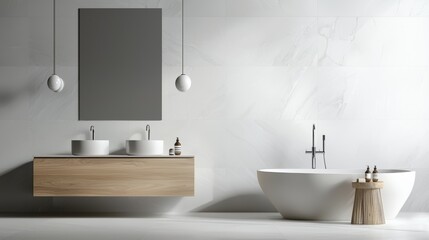 Modern bathroom with a minimalist design. the walls are covered in white marble tiles, and the floor is made of light-colored tiles.