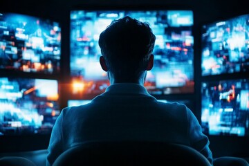 A person frantically flipping through TV channels, convinced theyâ€™re being watched, while static fills the screen in a darkened living room