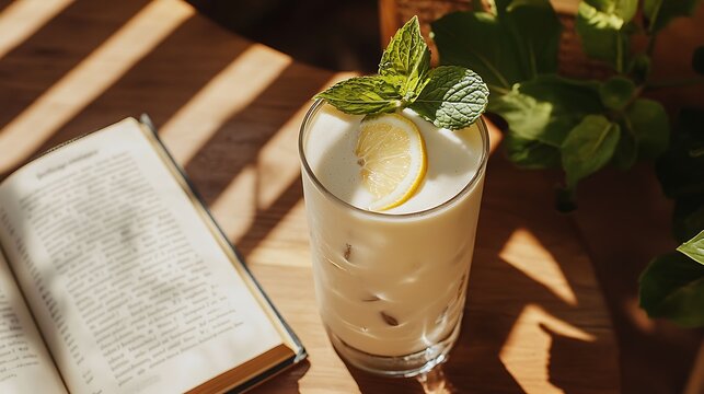 A refreshing iced soy milk drink with mint leaves and a slice of lemon, set on a sunlit patio table with a book