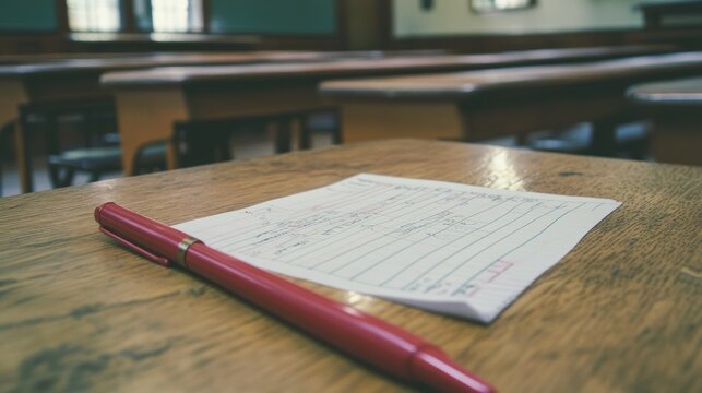 Marking Lesson Plans Wooden Desk Educational Materials Classroom Close-Up Teaching Strategies