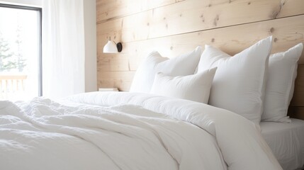 Bedroom with a wooden headboard on the right side of the bed. the headboard is made of light-colored wood and has a rustic, weathered look.