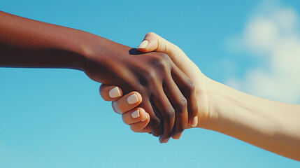A close-up of two hands, one dark-skinned and the other light-skinned, clasped together against a bright blue sky, symbolizing unity, diversity, and friendship