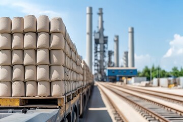 Obraz premium Cement Supply Chain Logistics A Detailed View of Concrete Blocks Transported by Truck Near a Cement Plant