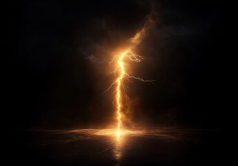A lightning bolt striking in the center of an empty black background, illuminating it with yellow light.
