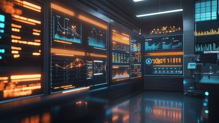 Rows of glowing servers and digital displays in a modern, high-tech data storage facility.