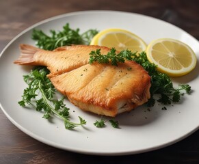 A close-up of a plate with a single fried fish on it, garnished with lemon wedges and parsley ,  food,  dish,  plate