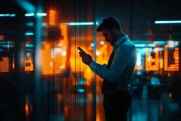 A person pacing back and forth in a dimly lit office, holding their phone tightly and glancing at the clock anxiously