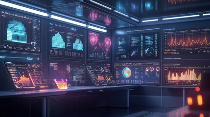 Multiple screens displaying data and charts in a dark, futuristic control room environment.