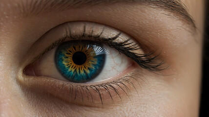 Obraz premium A mesmerizing close-up of a human eye featuring a vibrant sunflower-inspired iris and shimmering golden eyeshadow