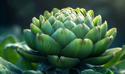 Artichoke closeup, garden, sunlight, healthy food, cooking ingredient