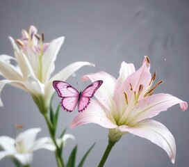 Obraz premium A beautiful pink butterfly fluttering around a pure white lily, its colorful wings glowing against the clean background, nature, beauty