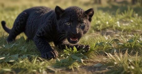 A black leopard cub plays with a paw print made of leaves in a savannah grassland,  wild cat,  grassland