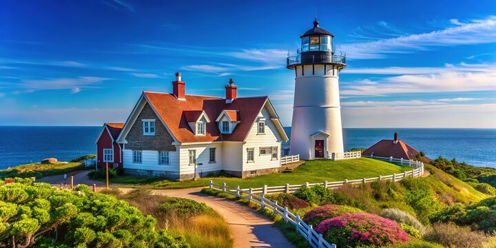 High-resolution image of Nobska Point Lighthouse, Woods Hole, bright day.