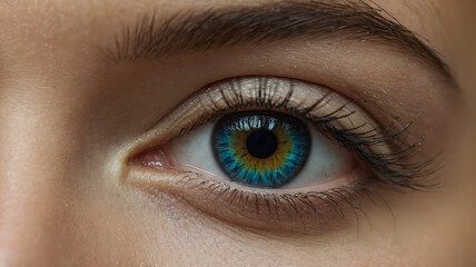 Obraz premium A mesmerizing close-up of a human eye featuring a vibrant sunflower-inspired iris and shimmering golden eyeshadow