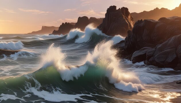 Abstract representation of ocean waves crashing on a rocky coastline at sunset,  shore,  sunset