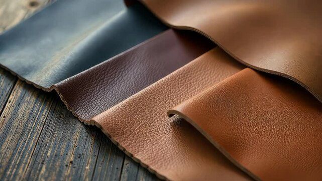 Four different colored leathers are stacked on top of each other. The colors are brown, blue, black, and gray