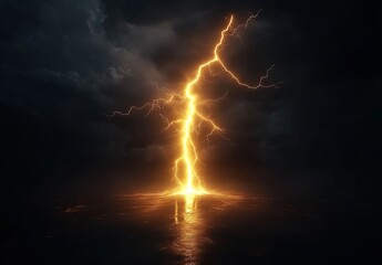 Fototapeta premium A lightning bolt striking in the center of an empty black background, illuminating it with yellow light.