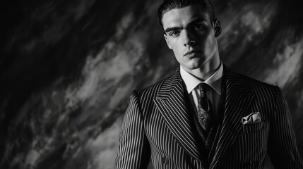 Obraz premium Dapper Gentleman in Pinstripe Suit Embracing Vintage Sophistication with High-Contrast Elegance