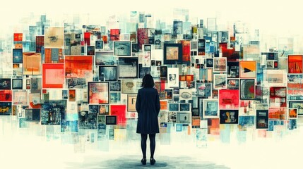 Woman Facing a Wall of Images: A Visual Representation of the Overwhelming Nature of Information in the Digital Age