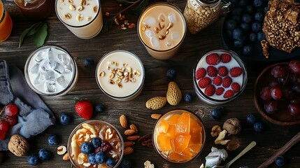 A table filled with different soy milk drinks, including iced and warm varieties, with fruit and nuts as accompaniments