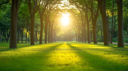 Obraz premium Tranquil Forest Glow with Soft Sunlight and Warm Tones, Perfect for Text Placement