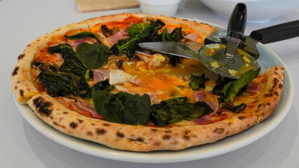 pizza with basil and fried eggs
